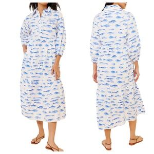 Maeve Bettina Fish Print Tiered Midi Shirt Dress Button Down Cotton Women Medium